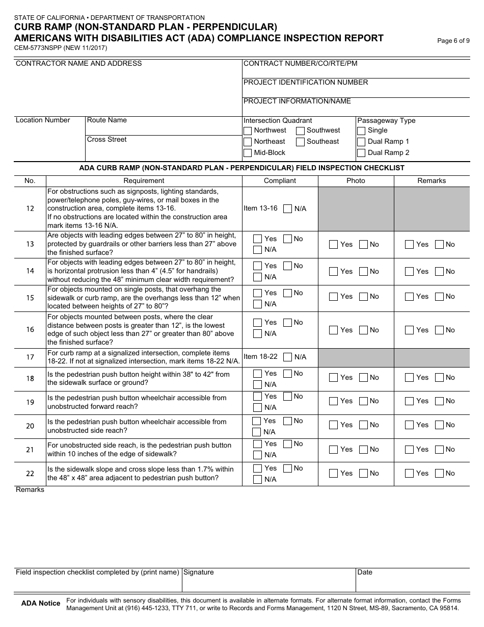 Form CEM-5773NSPP Curb Ramp (Non-standard Plan - Perpendicular) Americans With Disabilities Act (Ada) Compliance Inspection Report - California, Page 6