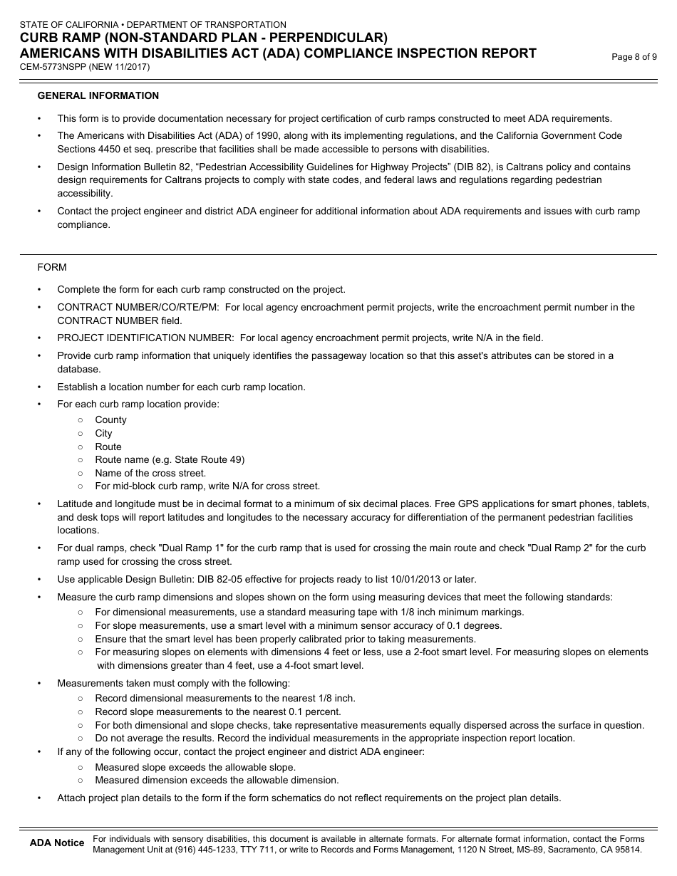 Form CEM-5773NSPP Curb Ramp (Non-standard Plan - Perpendicular) Americans With Disabilities Act (Ada) Compliance Inspection Report - California, Page 8