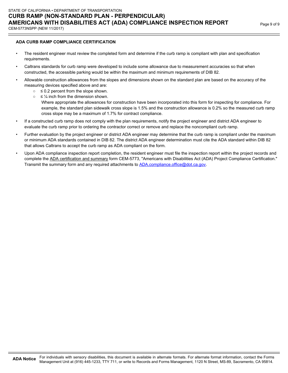 Form CEM-5773NSPP Curb Ramp (Non-standard Plan - Perpendicular) Americans With Disabilities Act (Ada) Compliance Inspection Report - California, Page 9