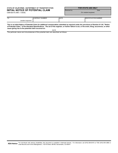Form CEM-6201A Initial Notice of Potential Claim - California