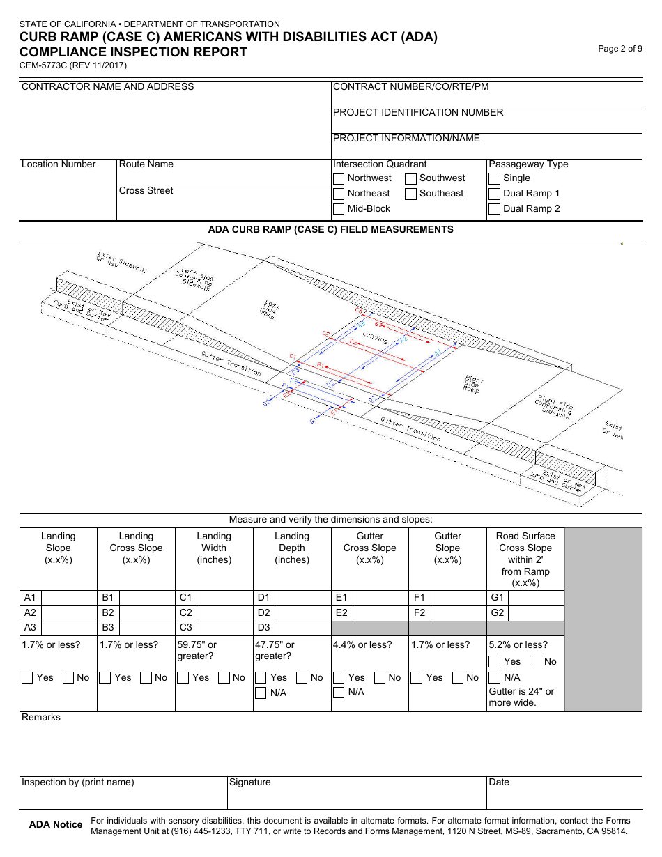 Form CEM-5773C Curb Ramp (Case C) Americans With Disabilities Act (Ada) Compliance Inspection Report - California, Page 2