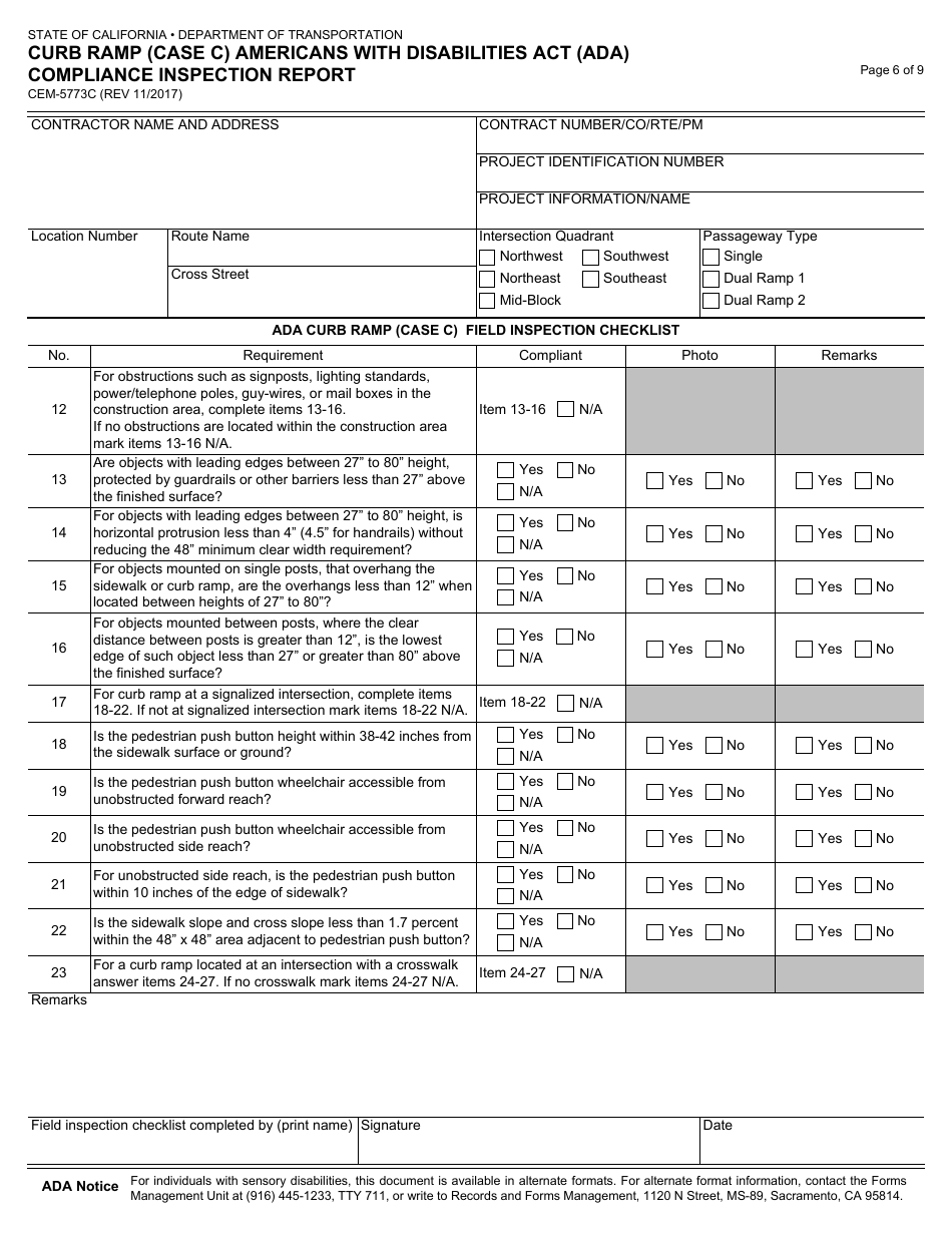 Form CEM-5773C Curb Ramp (Case C) Americans With Disabilities Act (Ada) Compliance Inspection Report - California, Page 6