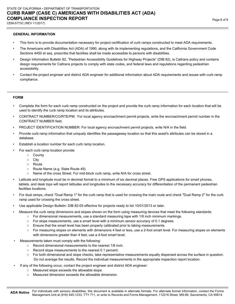 Form CEM-5773C Curb Ramp (Case C) Americans With Disabilities Act (Ada) Compliance Inspection Report - California, Page 8