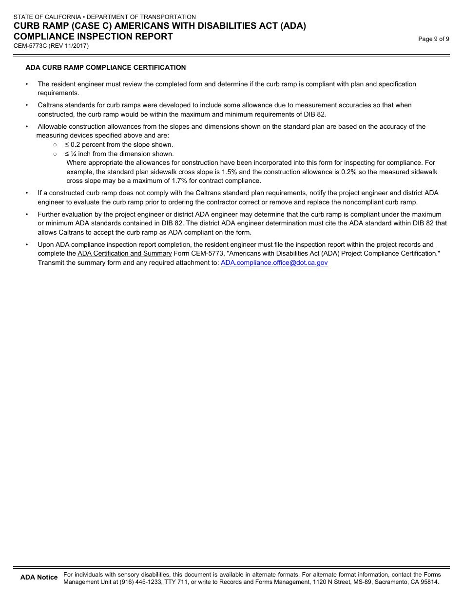 Form CEM-5773C Curb Ramp (Case C) Americans With Disabilities Act (Ada) Compliance Inspection Report - California, Page 9