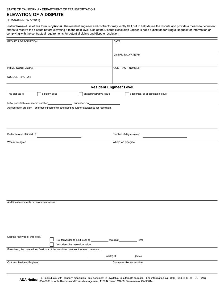 Form CEM-6209 Download Fillable PDF or Fill Online Elevation of a ...