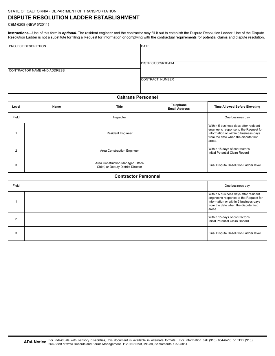 Form CEM-6208 Dispute Resolution Ladder Establishment - California, Page 1