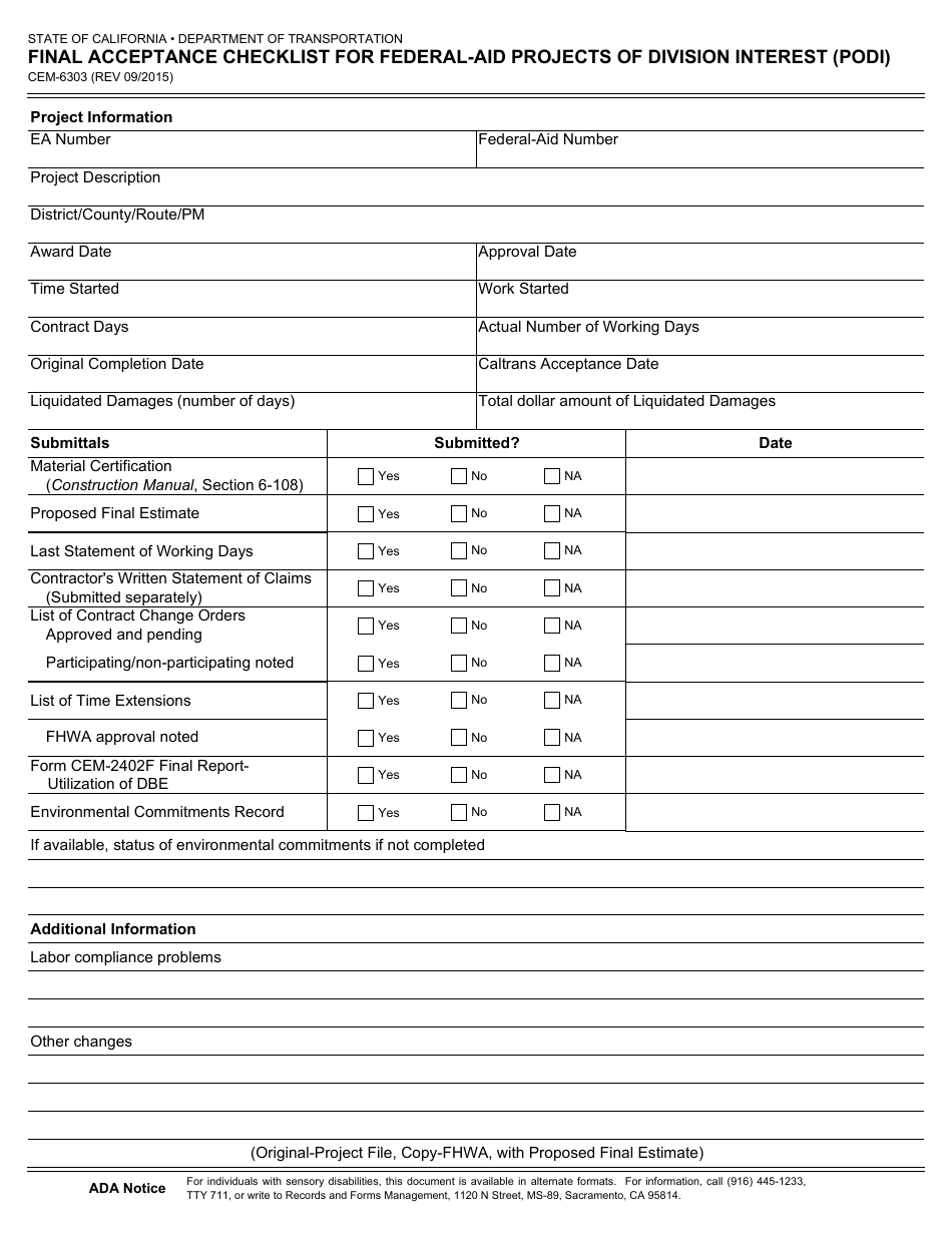 Form CEM-6303 Final Acceptance Checklist for Federal-Aid Projects of Division Interest (Podi) - California, Page 1