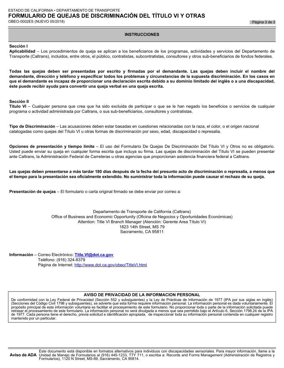 Formulario OBEO-0002ES Formulario De Quejas De Discriminacion Del Titulo VI Y Otras - California (Spanish), Page 3