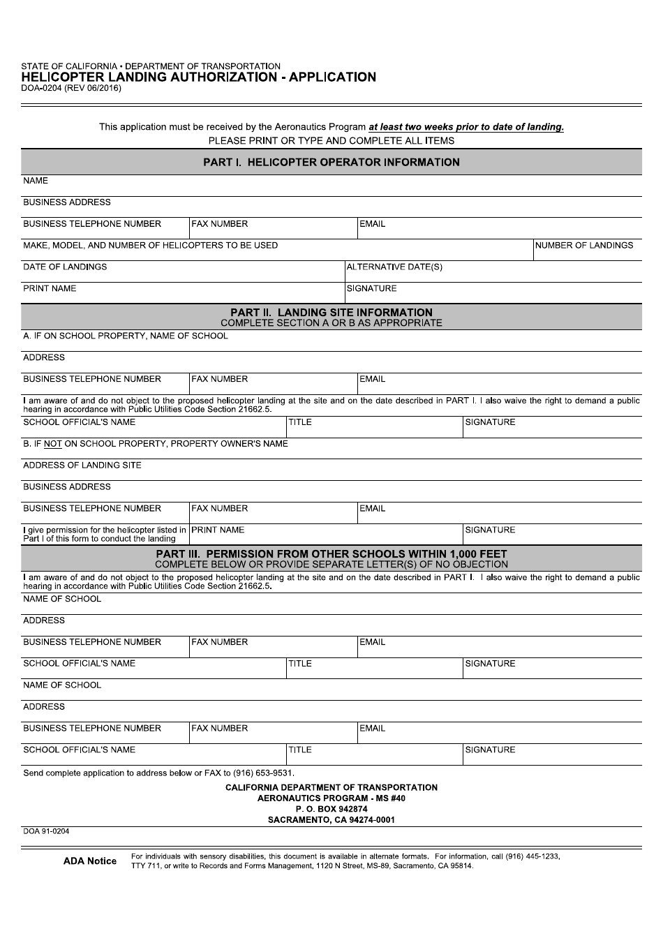 Form DOA-0204 Helicopter Landing Authorization - Application - California, Page 1
