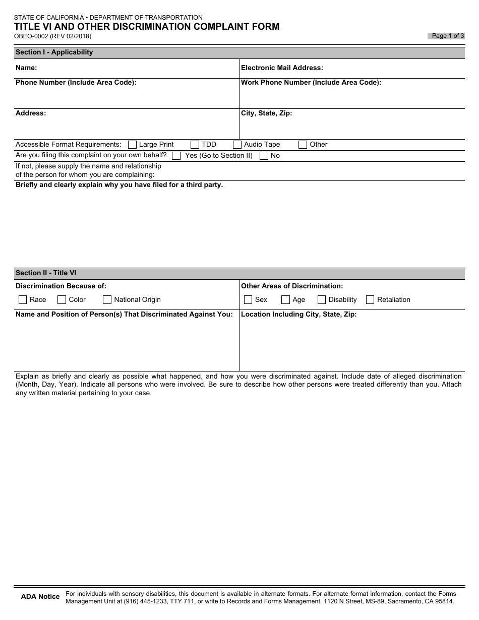 Form OBEO-0002 Title VI and Other Discrimination Complaint Form - California, Page 1