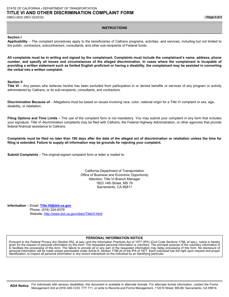 Form OBEO-0002 Title VI and Other Discrimination Complaint Form - California, Page 3