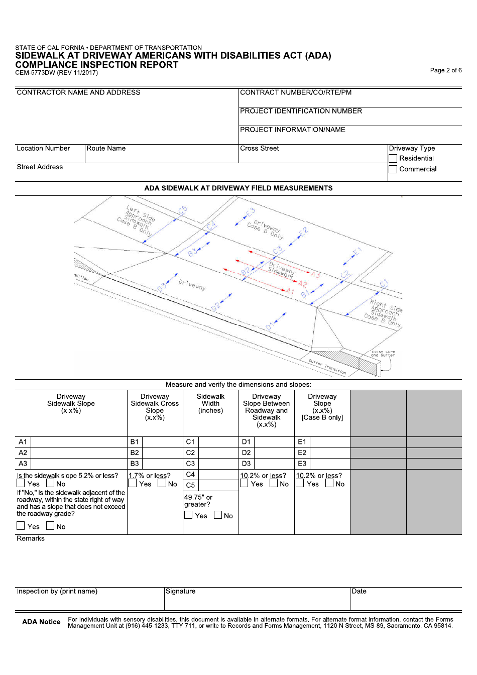 Form CEM-5773DW Sidewalk at Driveway Americans With Disabilities Act (Ada) Compliance Inspection Report - California, Page 2