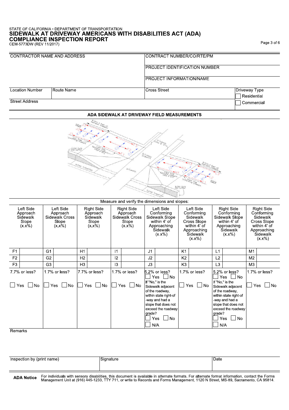 Form CEM-5773DW Sidewalk at Driveway Americans With Disabilities Act (Ada) Compliance Inspection Report - California, Page 3