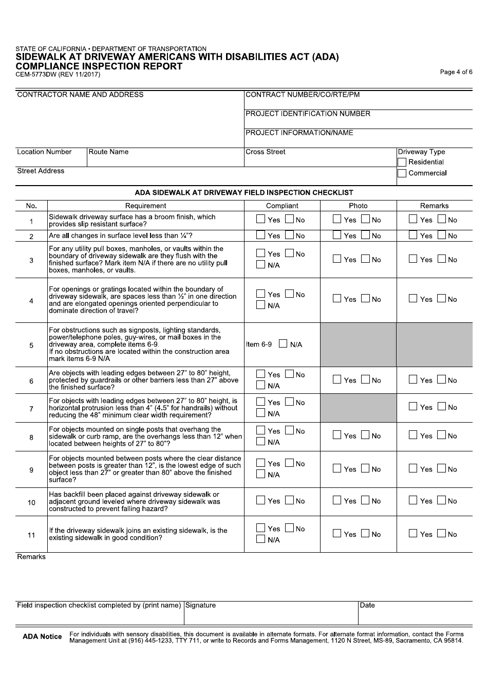 Form CEM-5773DW Sidewalk at Driveway Americans With Disabilities Act (Ada) Compliance Inspection Report - California, Page 4
