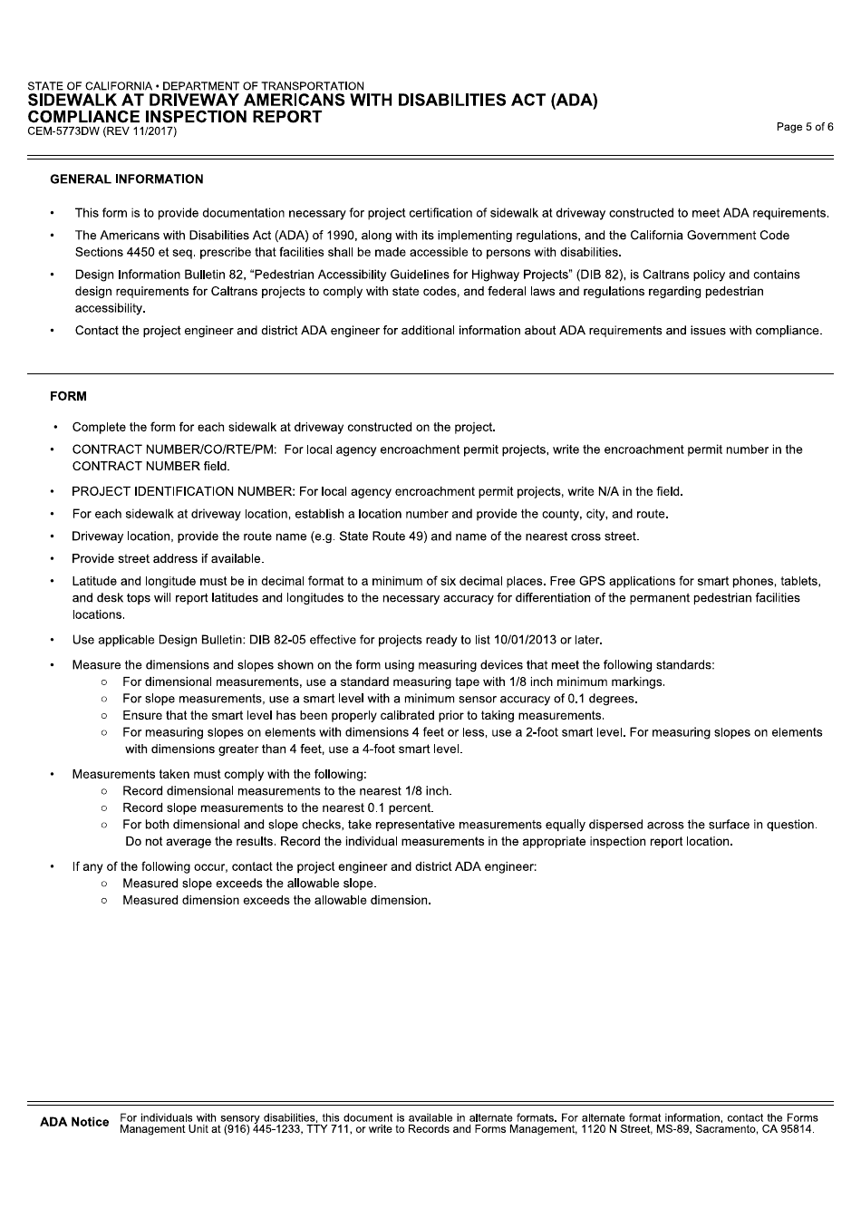 Form CEM-5773DW Sidewalk at Driveway Americans With Disabilities Act (Ada) Compliance Inspection Report - California, Page 5