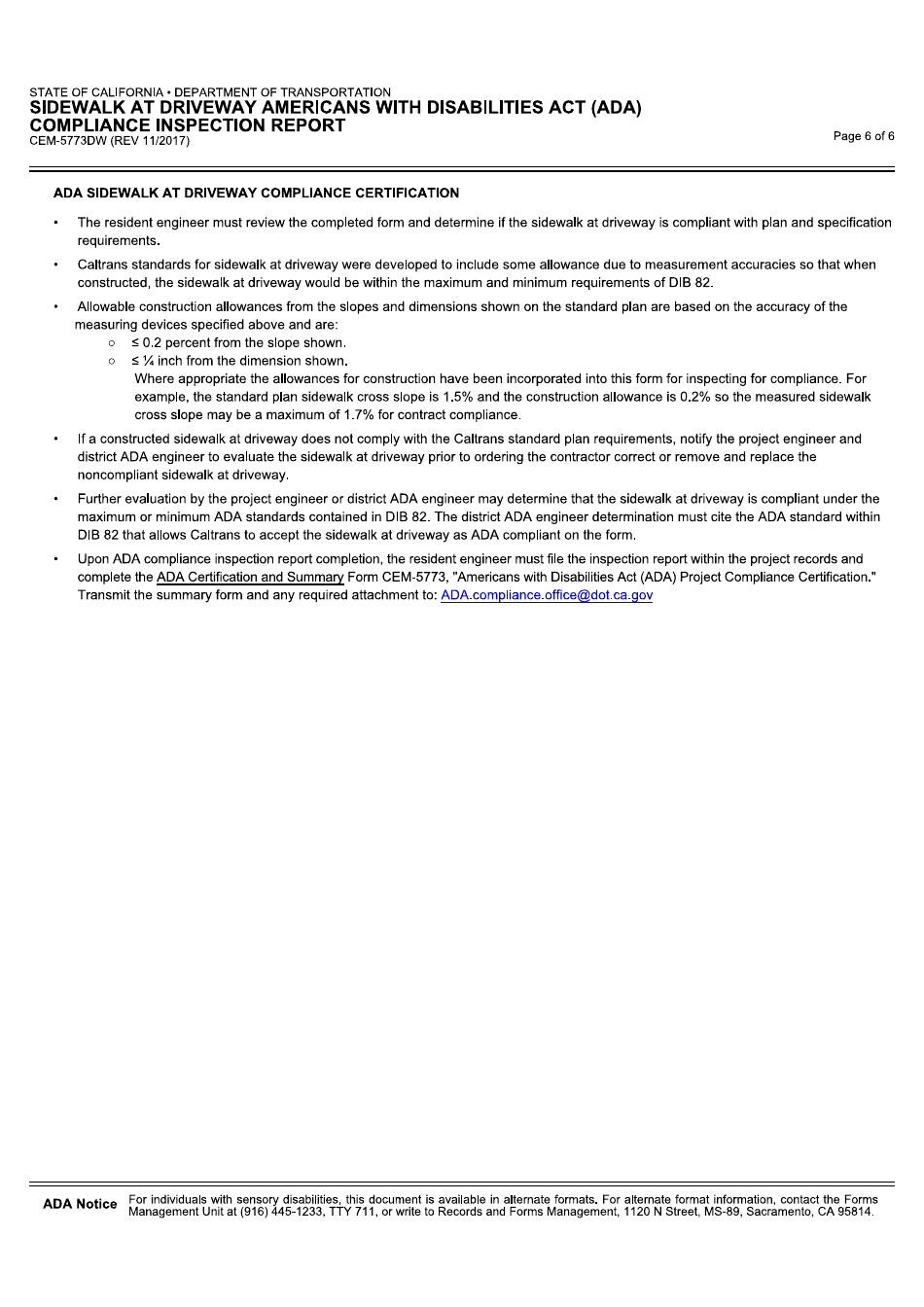 Form CEM-5773DW Sidewalk at Driveway Americans With Disabilities Act (Ada) Compliance Inspection Report - California, Page 6