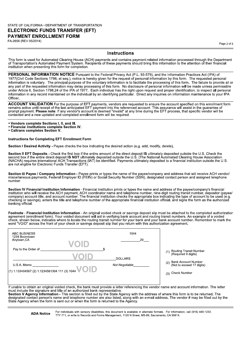 Form FA-2656 Electronic Funds Transfer (Eft) Payment Enrollment Form - California, Page 2