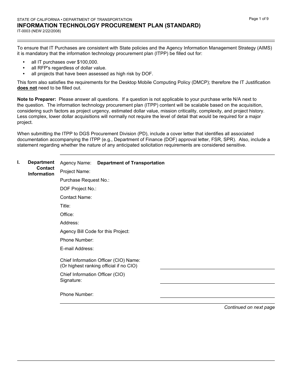 Form IT-0003 Information Technology Procurement Plan (Standard) - California, Page 1