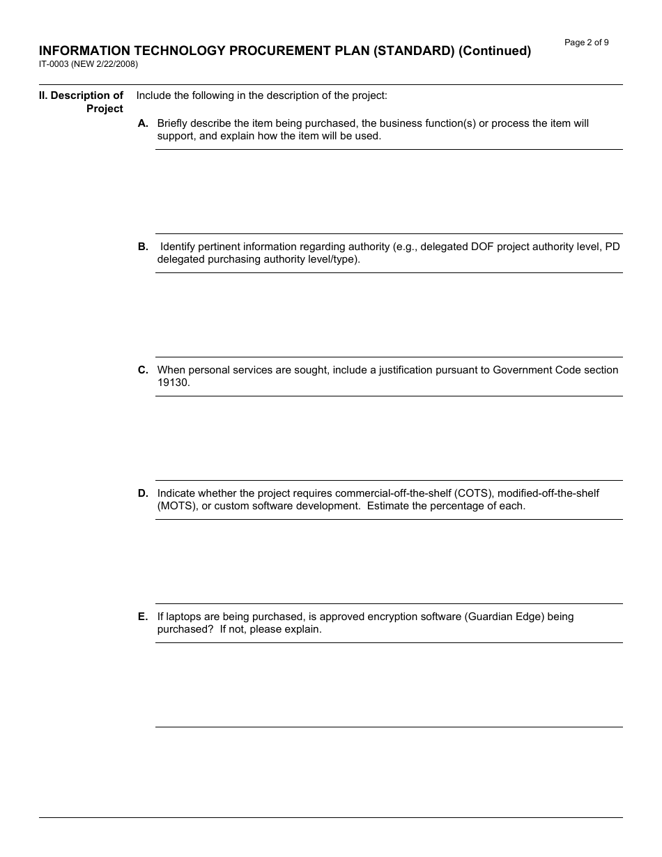 Form IT-0003 Information Technology Procurement Plan (Standard) - California, Page 2