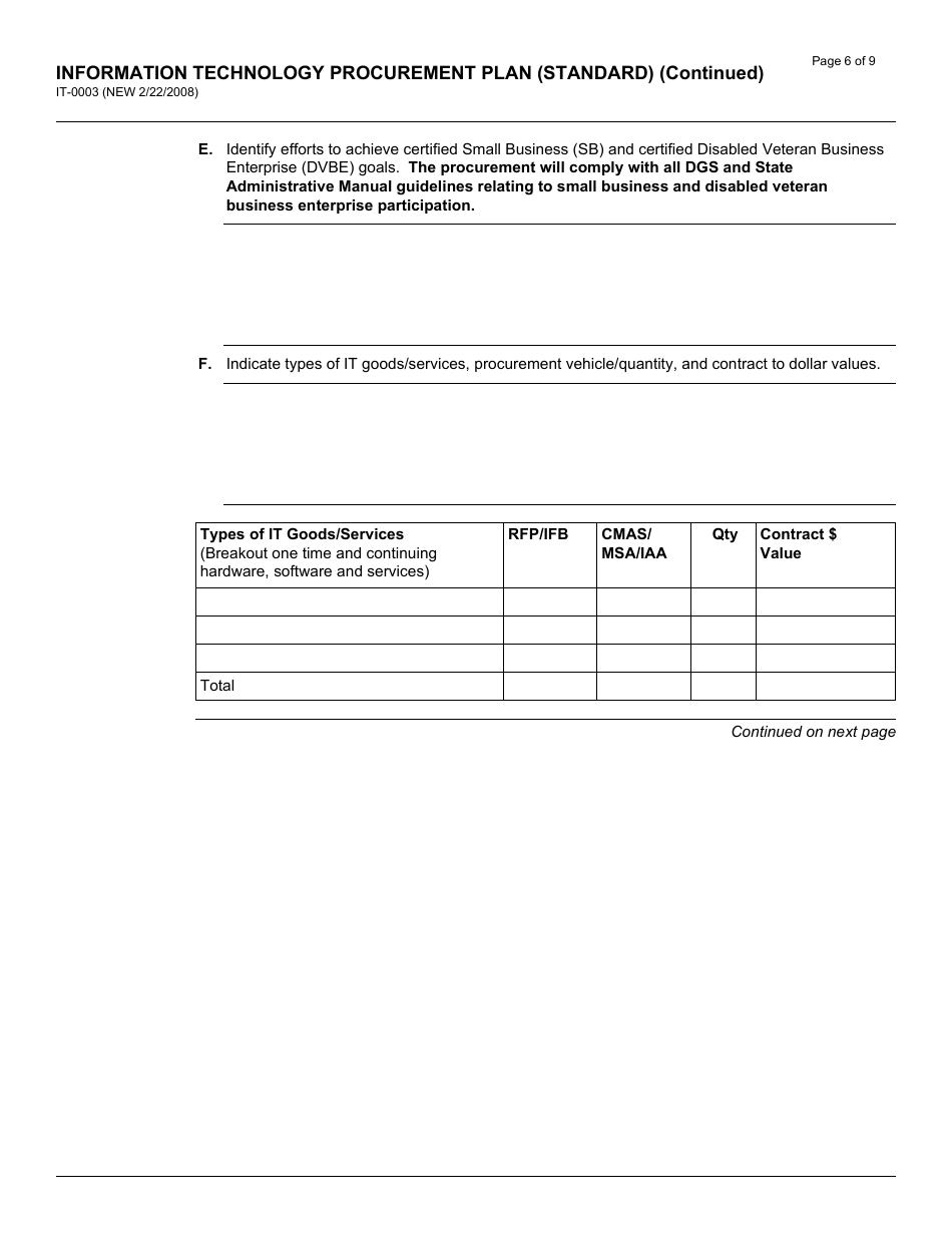 Form IT-0003 Information Technology Procurement Plan (Standard) - California, Page 6