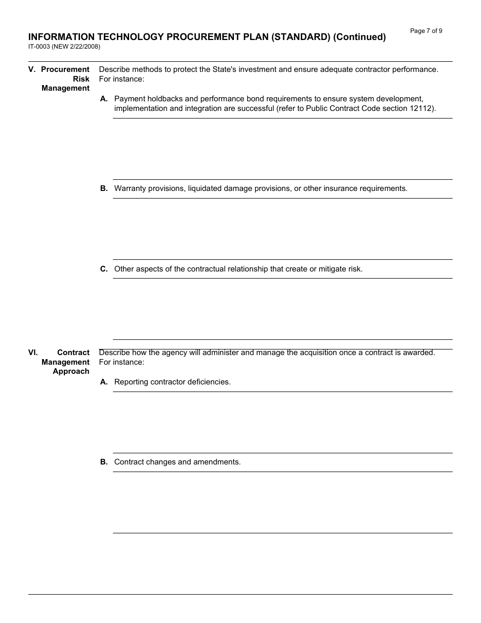 Form IT-0003 Information Technology Procurement Plan (Standard) - California, Page 7