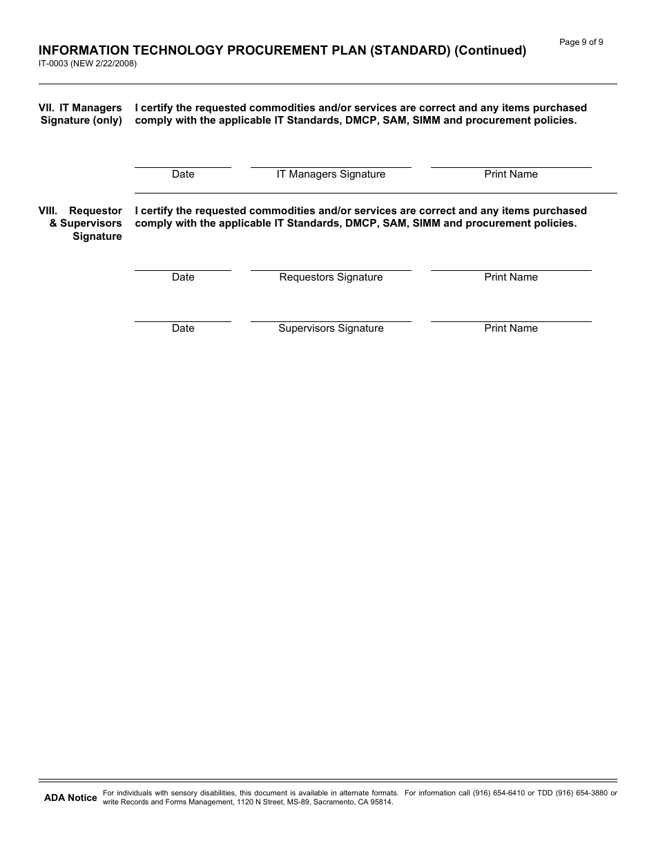 Form IT-0003 Information Technology Procurement Plan (Standard) - California, Page 9