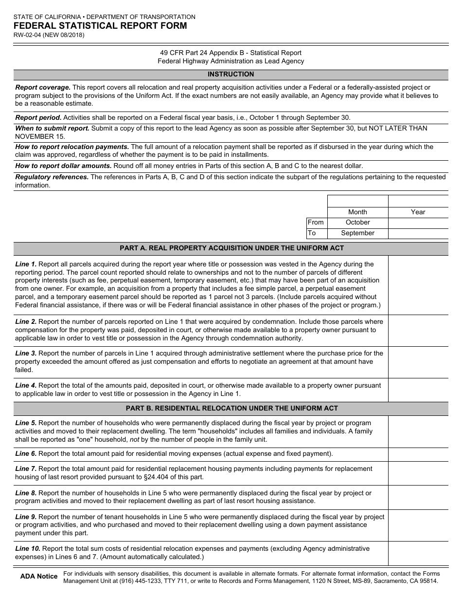 Form RW-02-04 Federal Statistical Report Form - California, Page 1