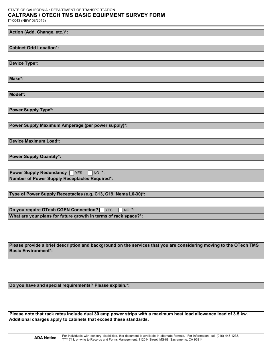 Form IT-0043 Caltrans / Otech Tms Basic Equipment Survey Form - California, Page 1