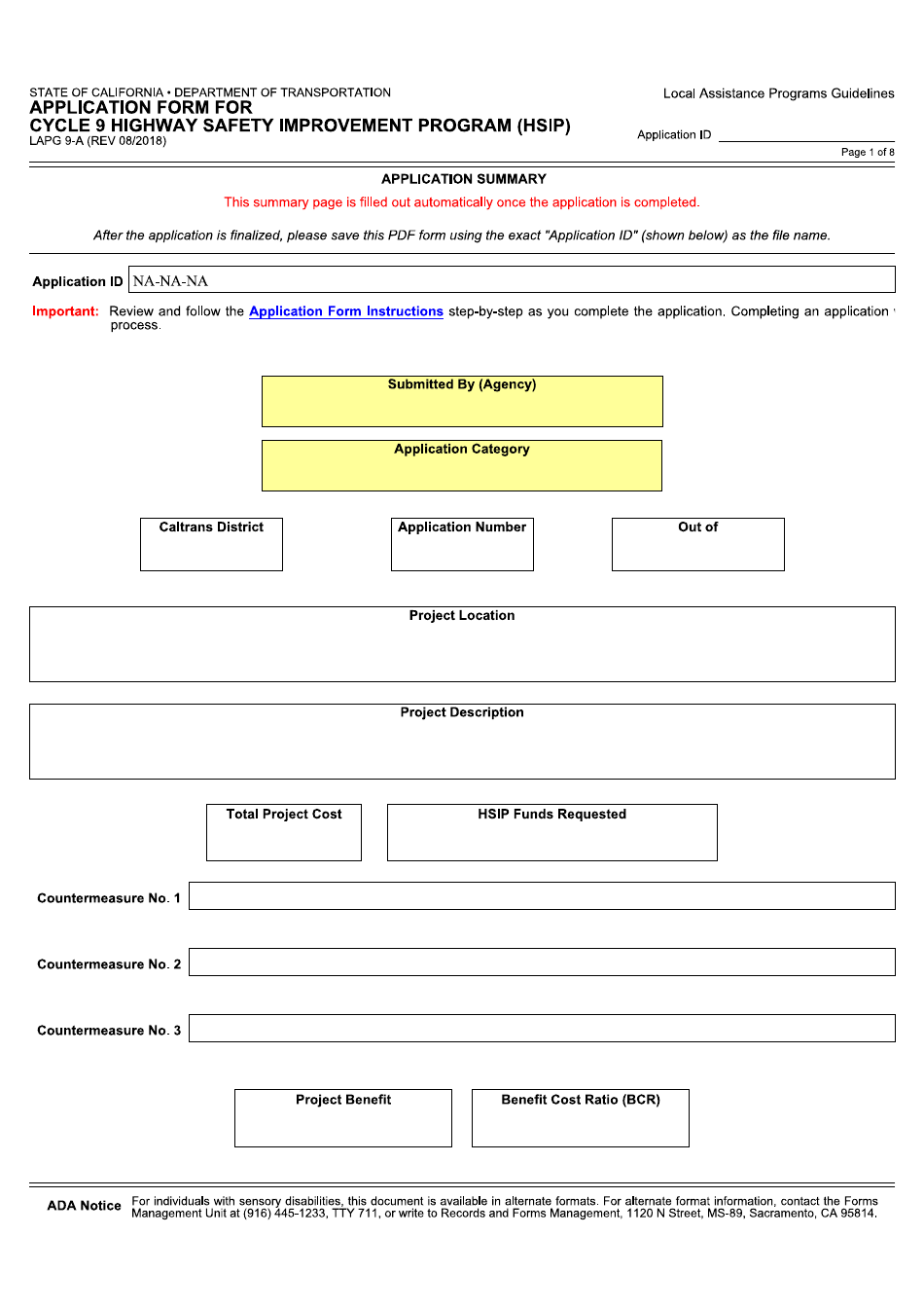 Form LAPG9-A Application Form for Cycle 9 Highway Safety Improvement Program (Hsip) - California, Page 1