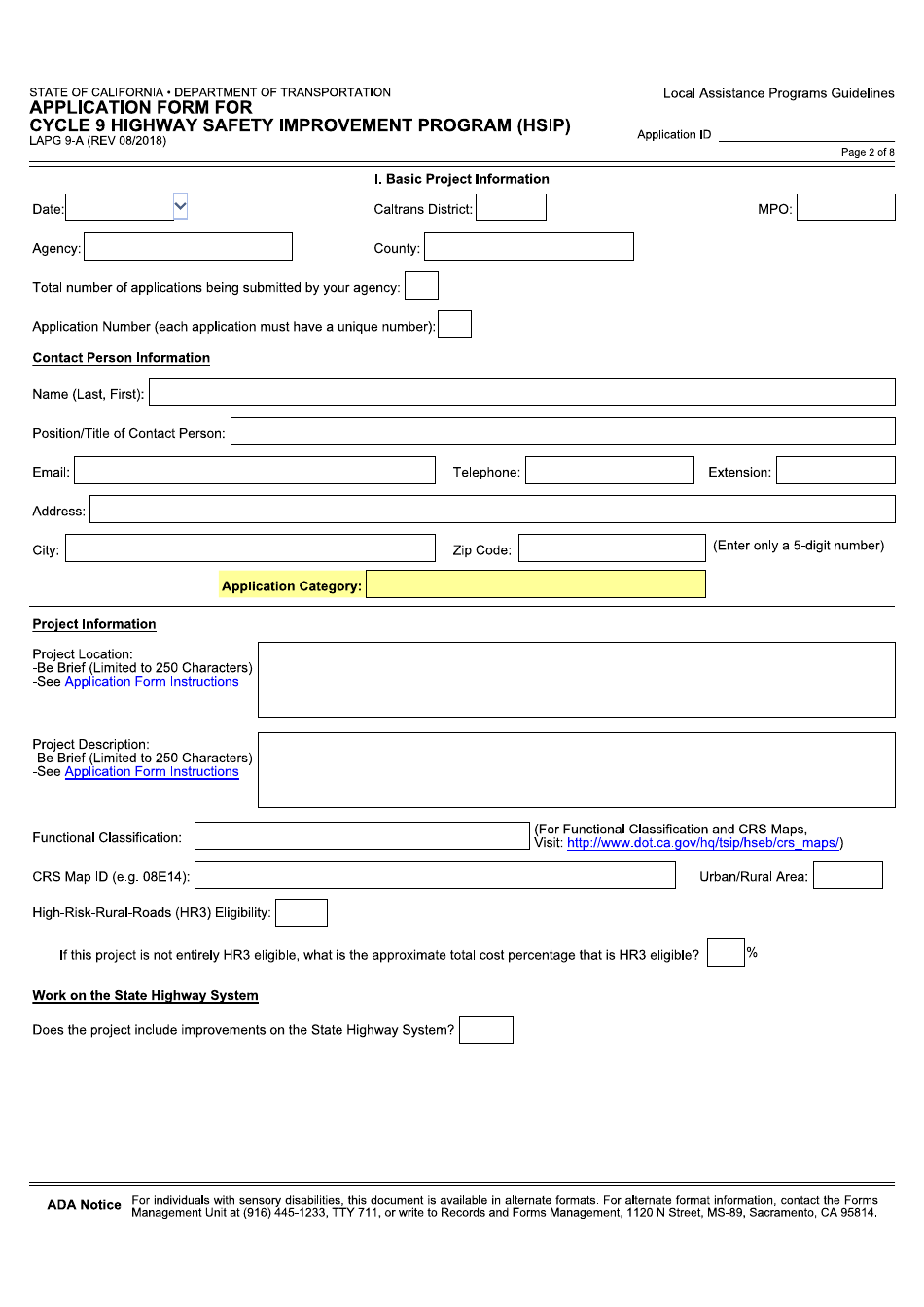 Form LAPG9-A Application Form for Cycle 9 Highway Safety Improvement Program (Hsip) - California, Page 2