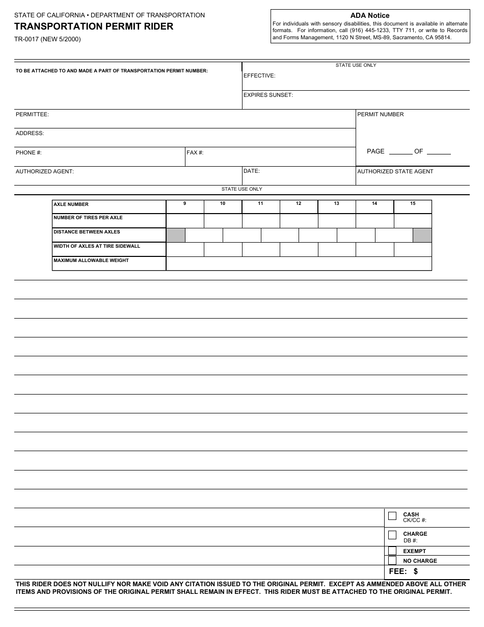 Form TR-0017 Transportation Permit Rider - California, Page 1