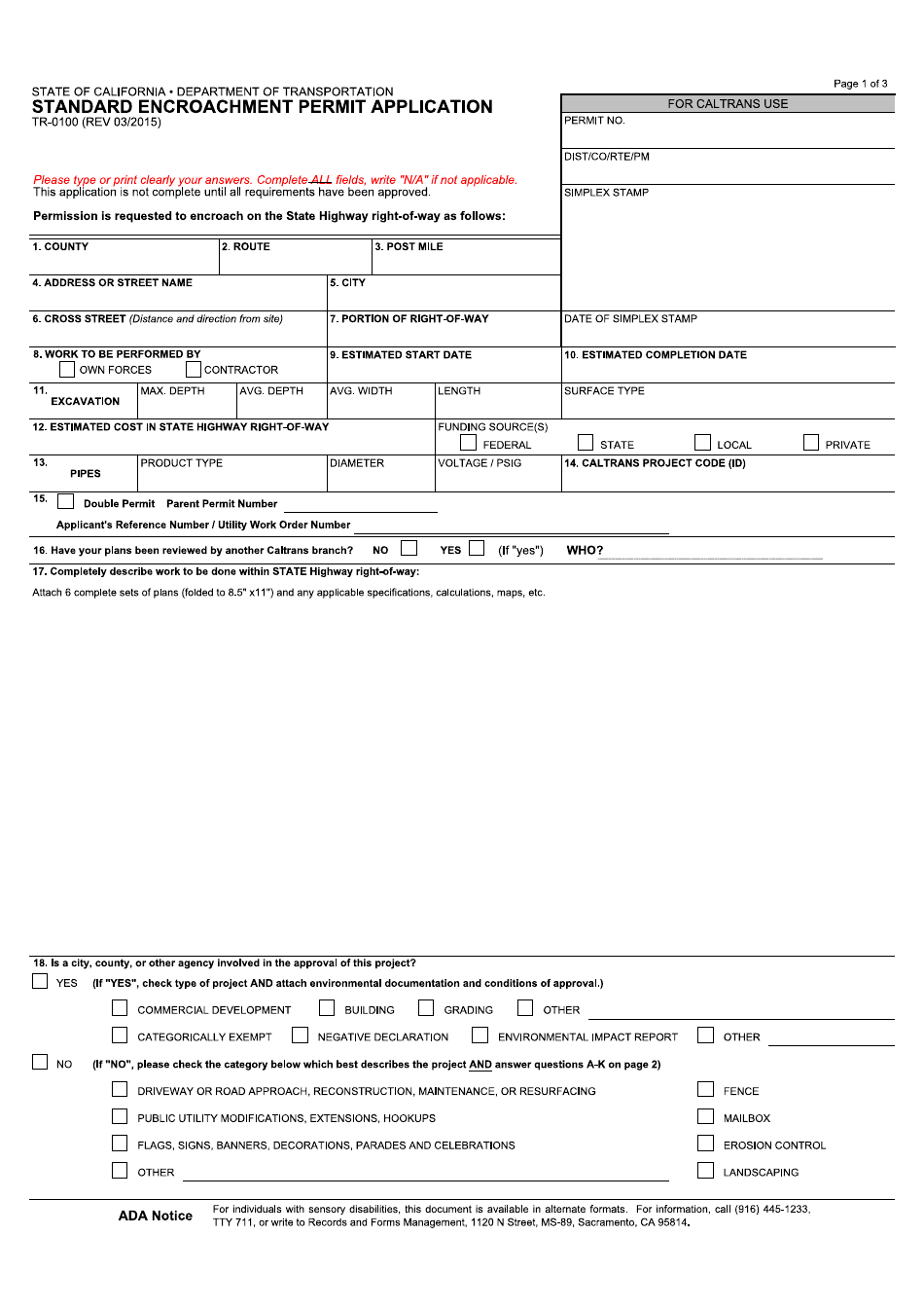 Form TR-0100 Standard Encroachment Permit Application - California, Page 1