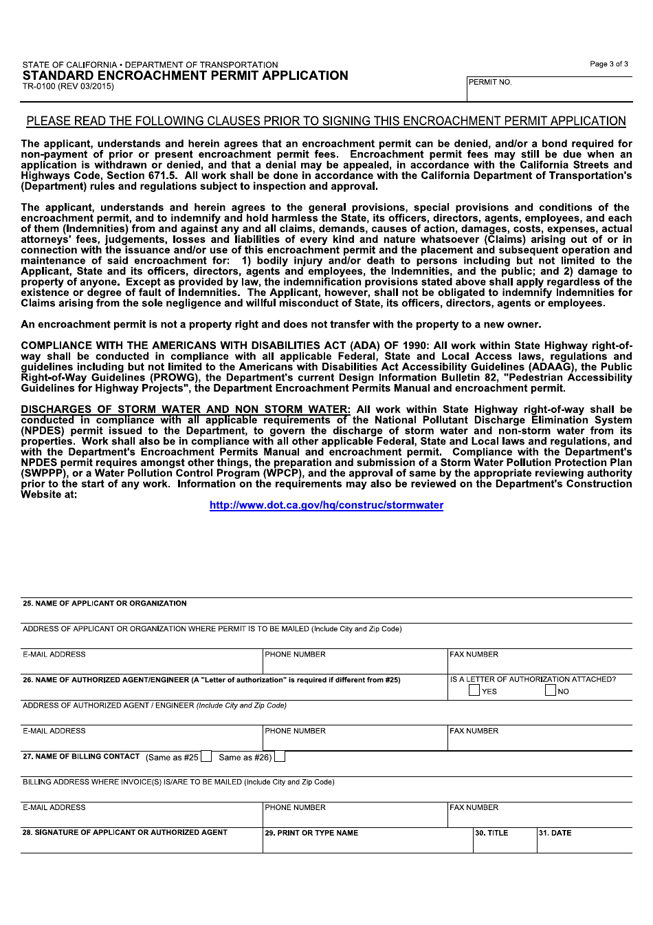 Form TR-0100 Standard Encroachment Permit Application - California, Page 3