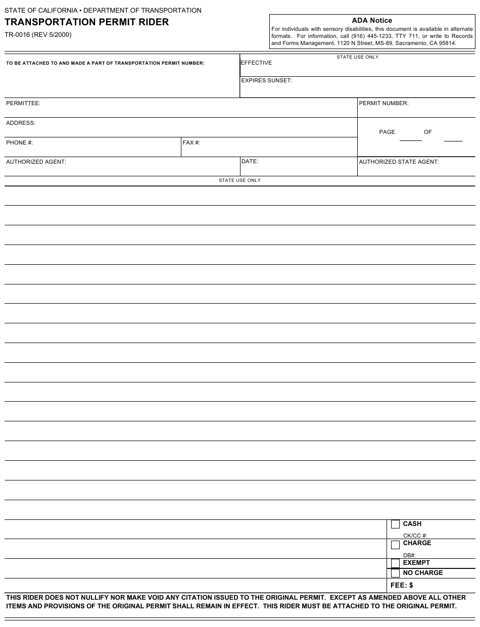 Form TR-0016 Download Fillable PDF or Fill Online Transportation Permit ...