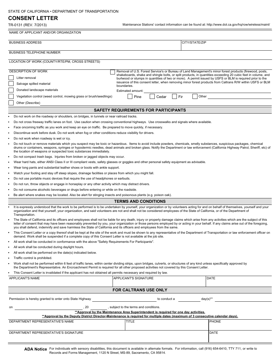 Form TR-0131 Consent Letter - California, Page 1