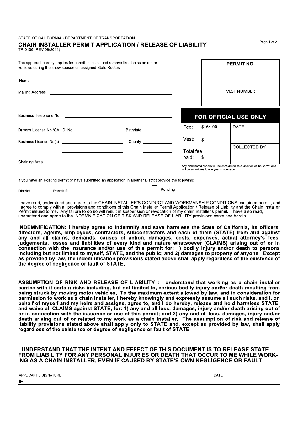 Form TR-0106 Chain Installer Application - California, Page 1