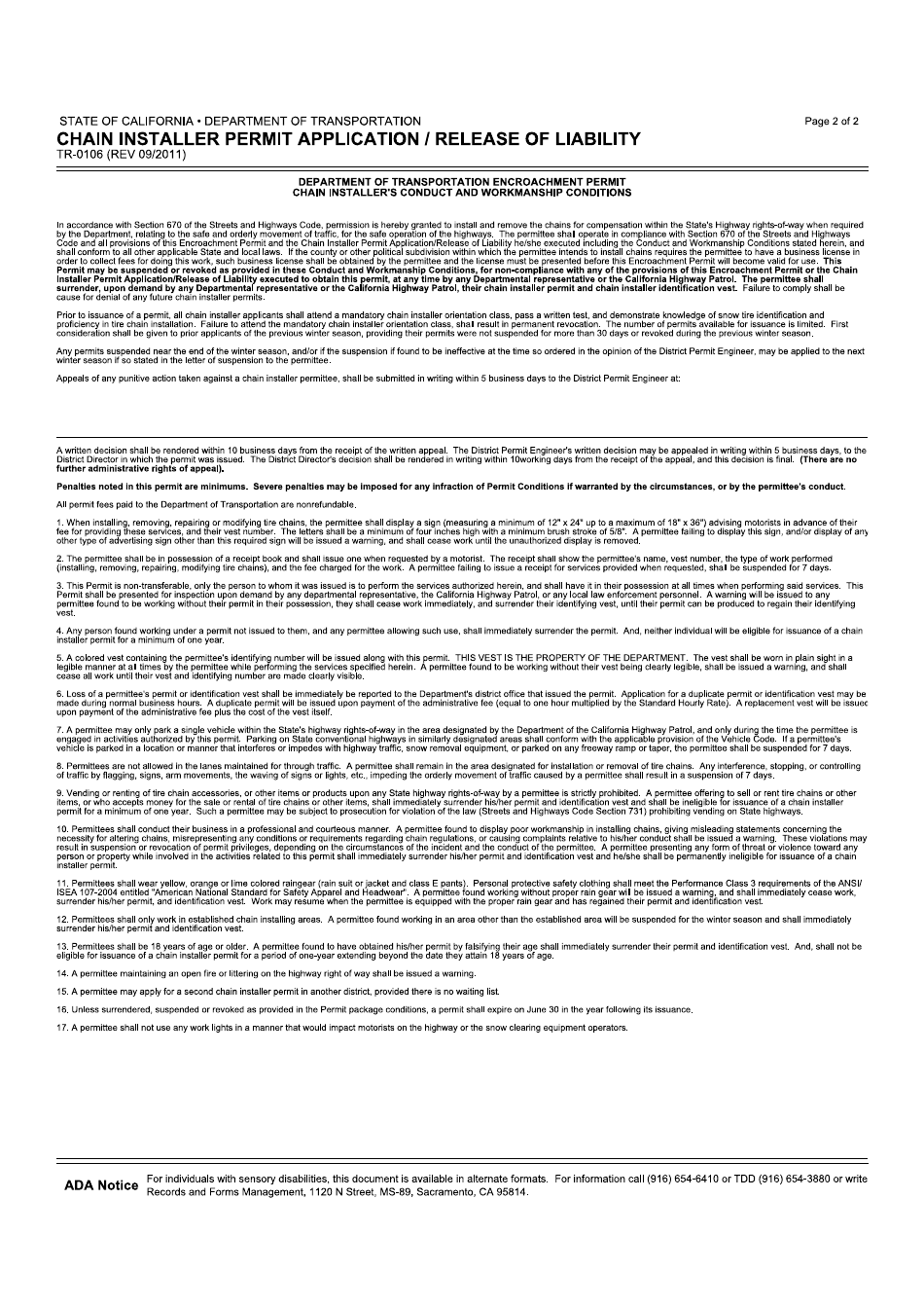 Form TR-0106 Chain Installer Application - California, Page 2