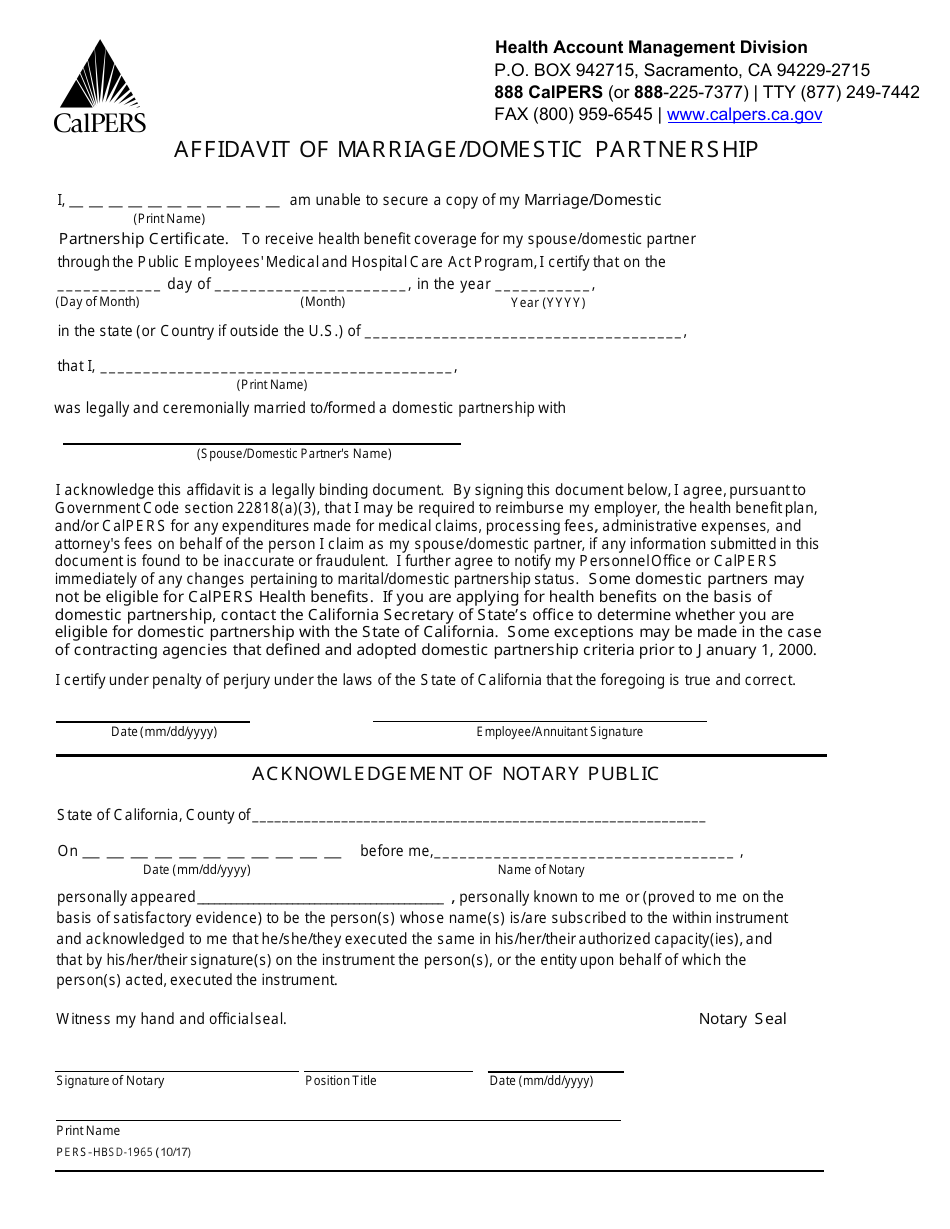 Form PERS-HBSD-1965 Affidavit of Marriage / Domestic Partnership - California, Page 1