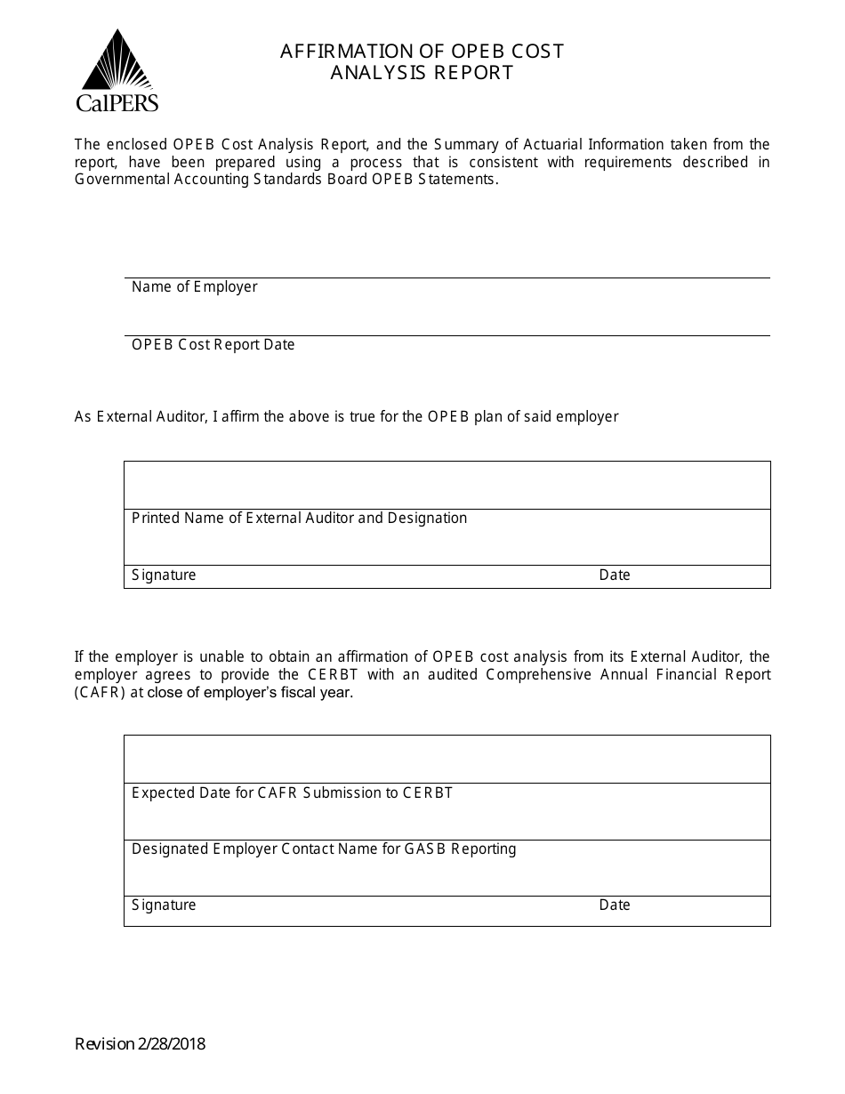 Affirmation of Opeb Cost Analysis Report Form - California, Page 1