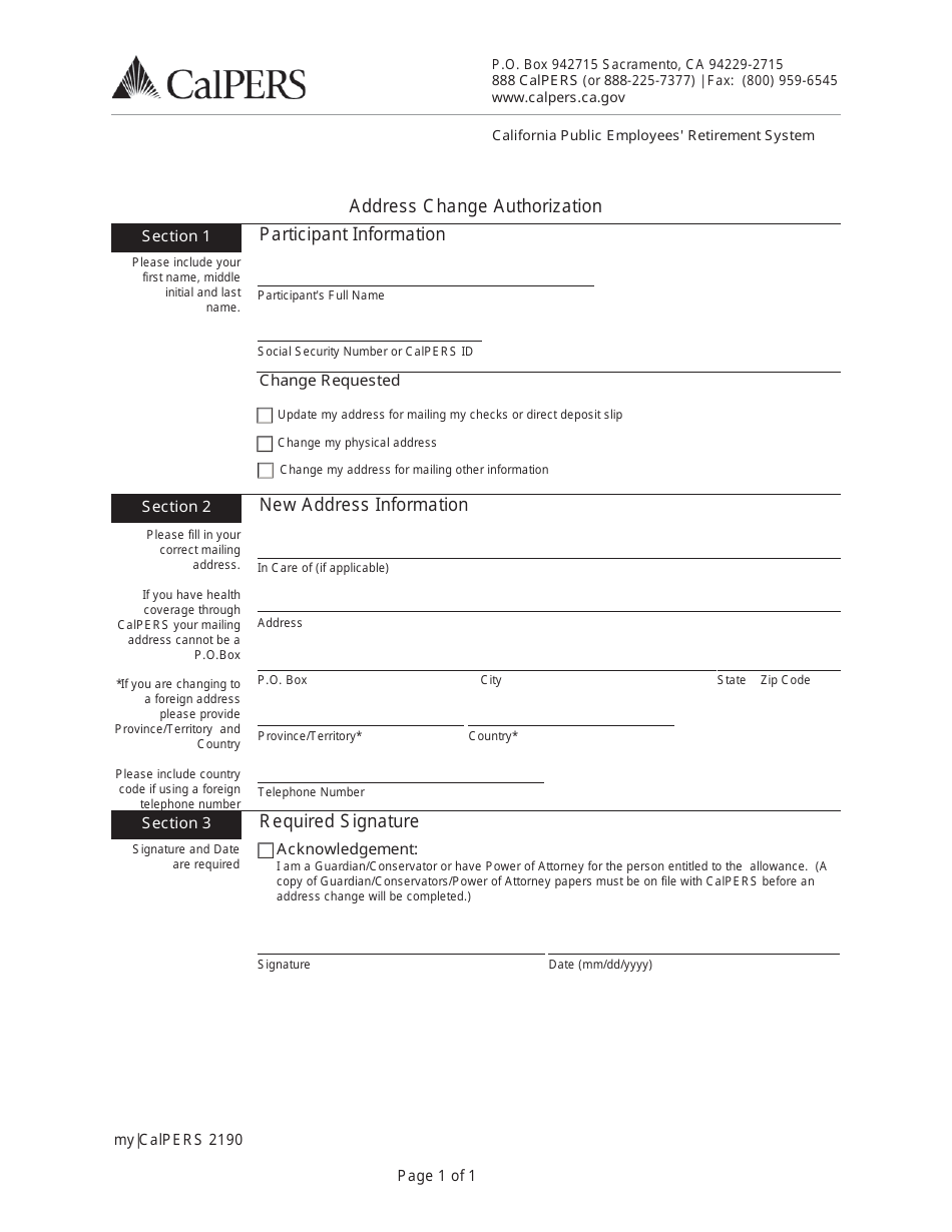 Form 2190 Address Change Authorization - California, Page 1