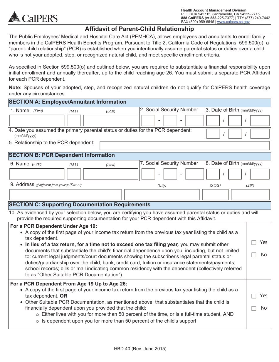 Form HBD-40 Affidavit of Parent-Child Relationship - California, Page 1