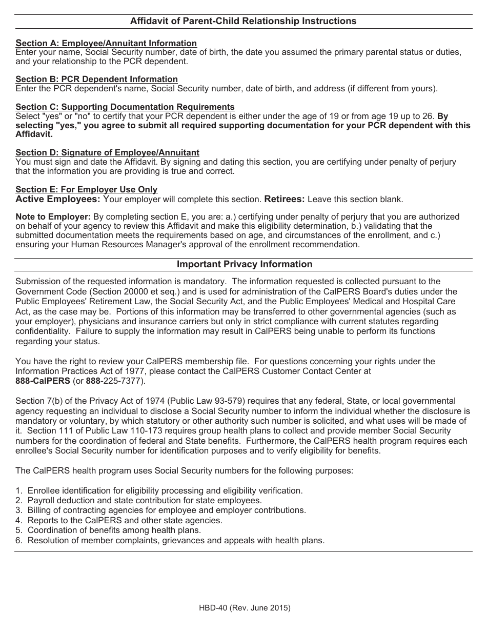 Form HBD-40 Affidavit of Parent-Child Relationship - California, Page 3