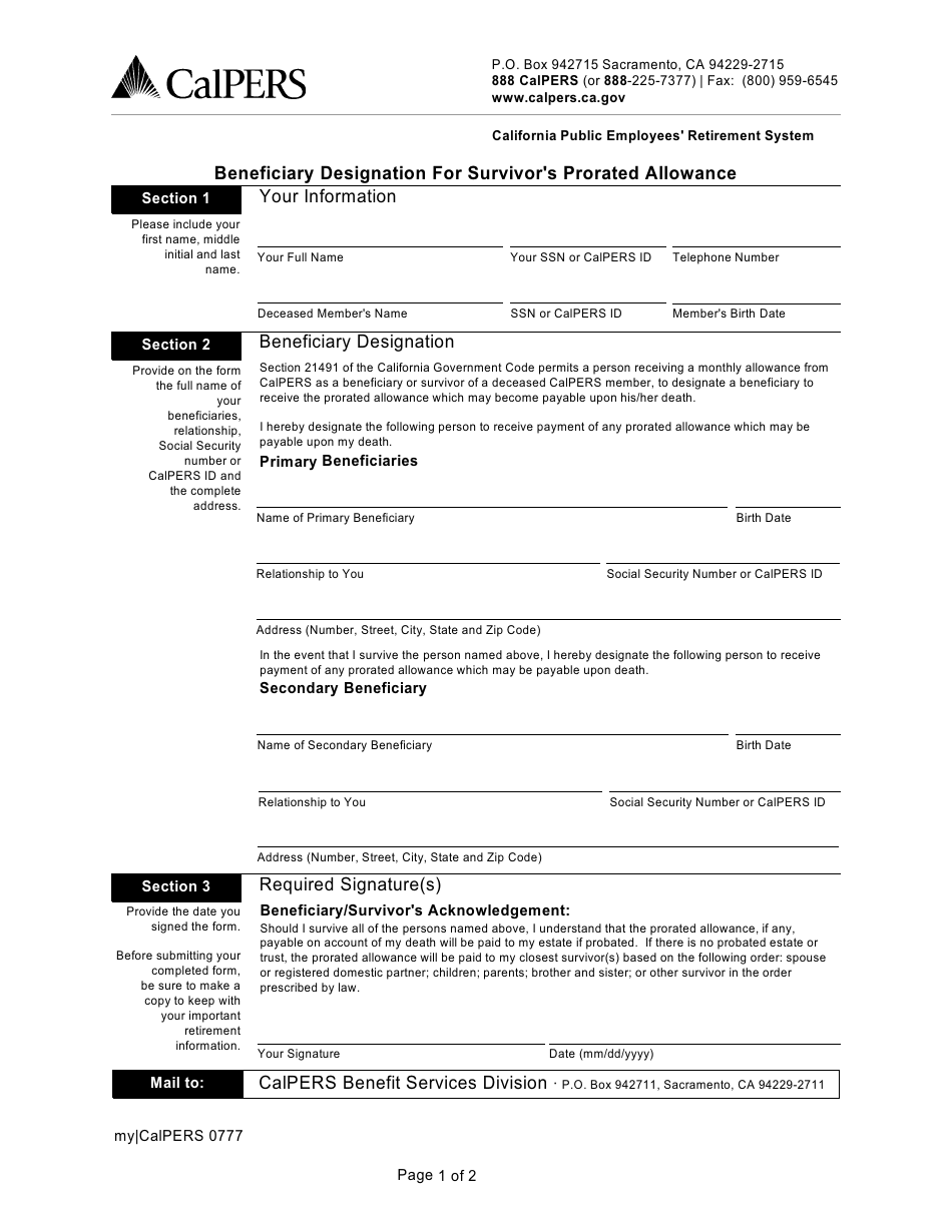 Form my|CalPERS0777 Beneficiary Designation for Survivor's Prorated Allowance - California, Page 1