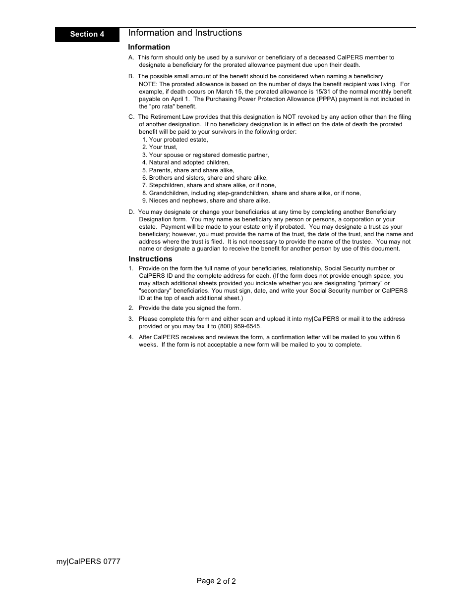 Form my|CalPERS0777 Beneficiary Designation for Survivors Prorated Allowance - California, Page 2
