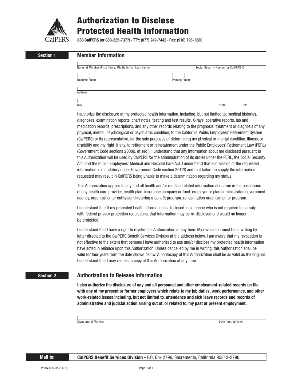 Form PERS-BSD-35 Authorization to Disclose Protected Health Information - California, Page 1