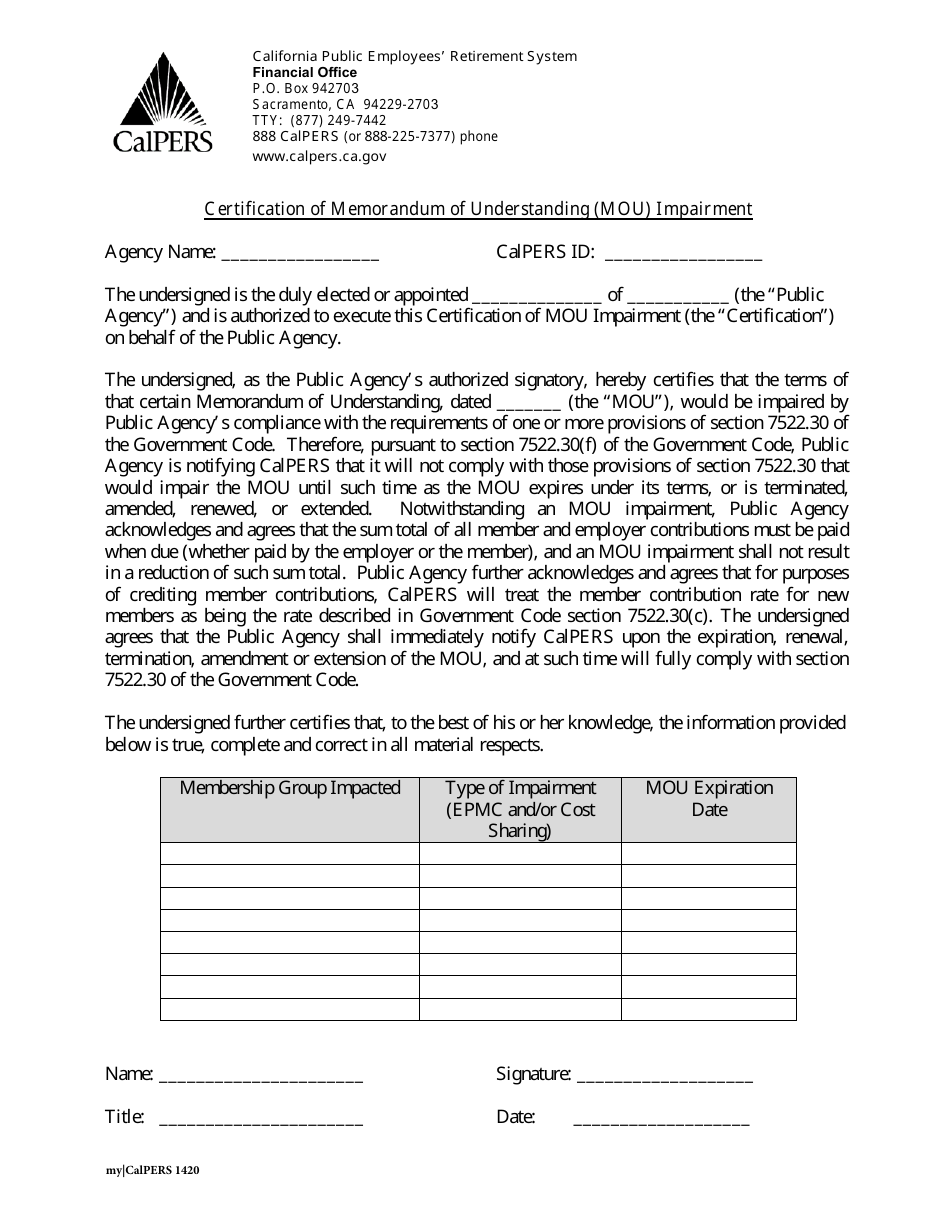 Form 1420 Certification of Memorandum of Understanding (Mou) Impairment - California, Page 1