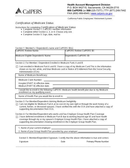 Form for Certification of Medicare Status - California