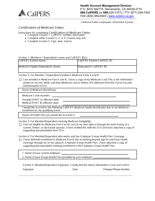 Form for Certification of Medicare Status - California Download Pdf