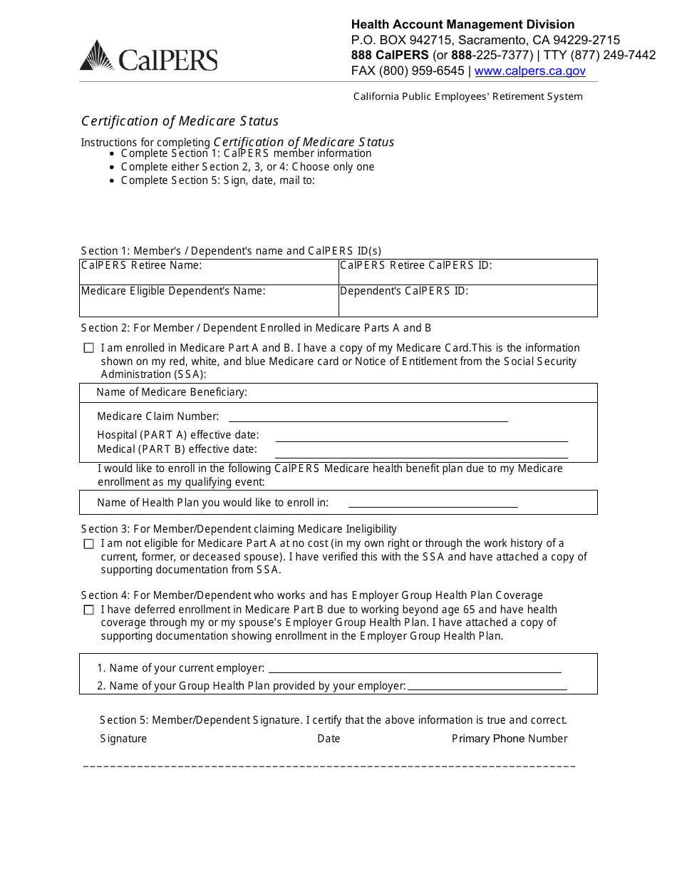 Form for Certification of Medicare Status - California, Page 1