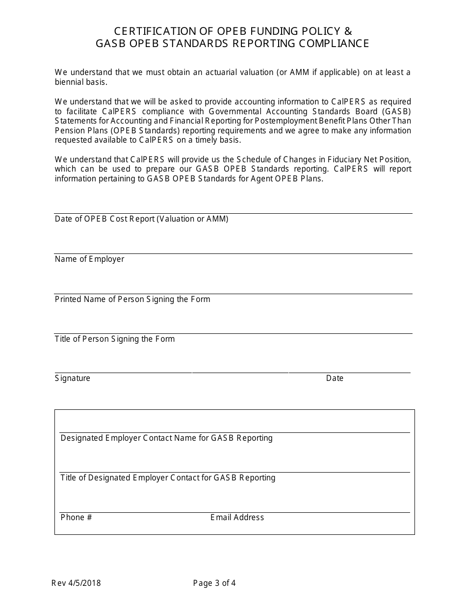 Form for Certification of Opeb Funding Policy  Gasb Opeb Standards Reporting Compliance - California, Page 3